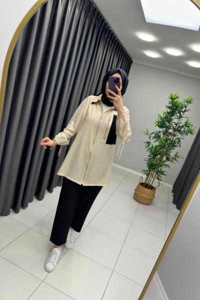 Cep Detaylı Vual Keten Takım   Siyah Taş