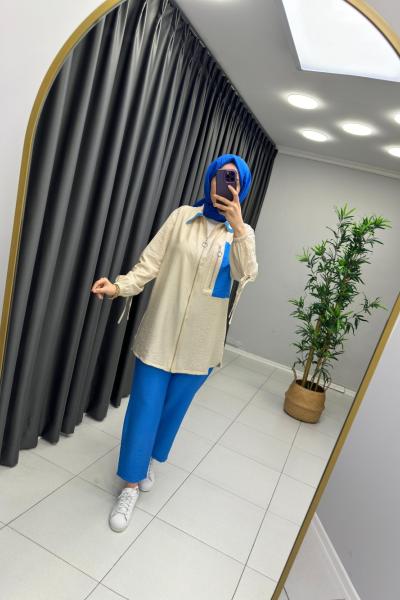 Cep Detaylı Vual Keten Takım   Saks Mavisi