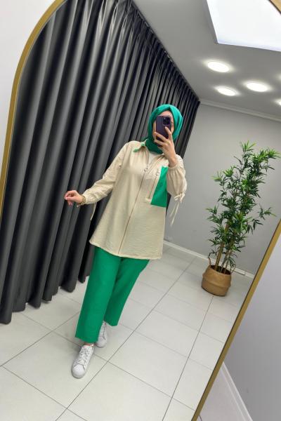 Cep Detaylı Vual Keten Takım   Yeşil