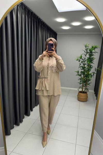 Taş Detaylı Keten Takım Krem