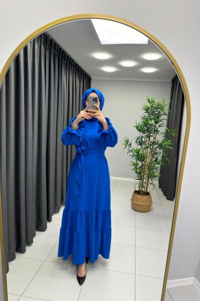 Güllü Broşlu Elbise Saks Mavisi