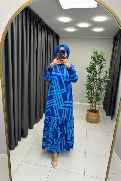 Fermuar Detaylı Pamuk Viskon Elbise  Mavi