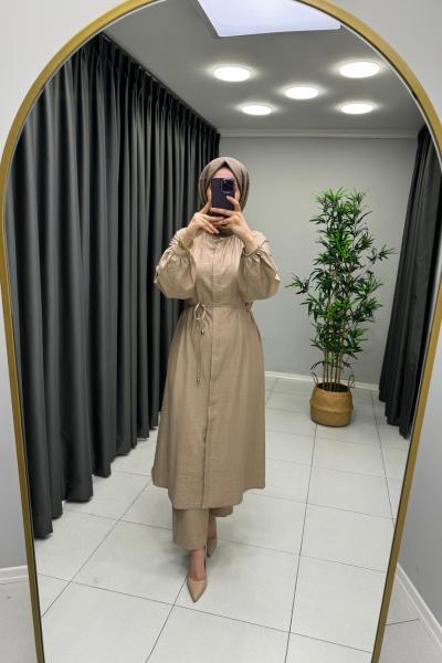 Naqshe Çilek İpek Tam Tesettür Takım  Camel