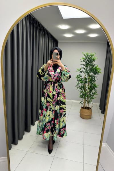 Beymen  Renkli Viskon  Elbise Siyah Fuşya