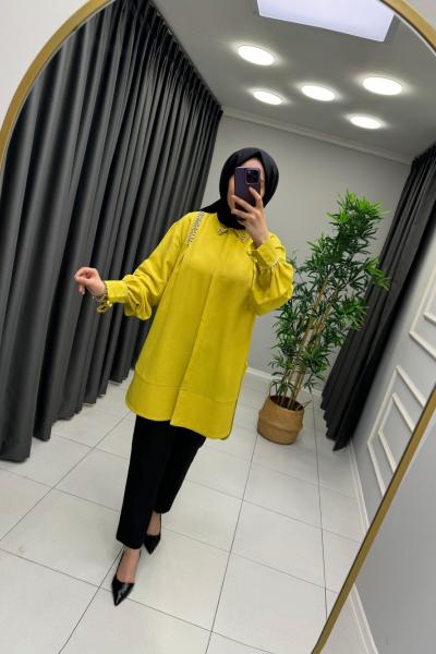 Taşlı Keten Gömlek Yağ Yeşili