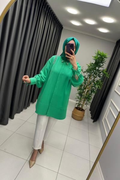 Taşlı Keten Gömlek Yeşil