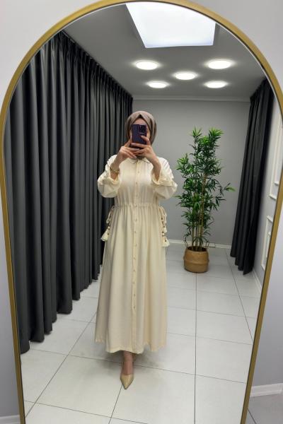 İkol Beli Büzgülü Keten Elbise  Bej