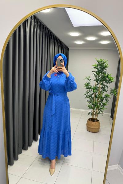 Broşlu Keten Elbise Mavi