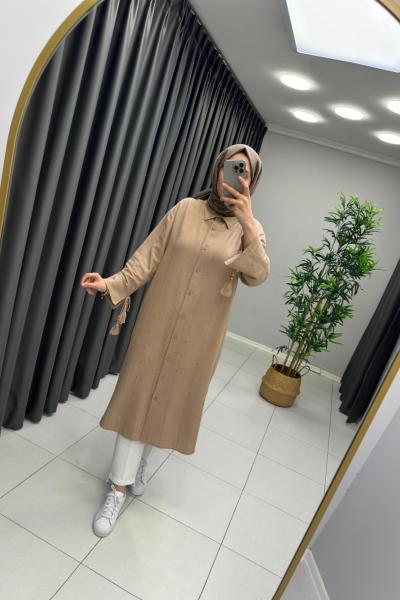 Kollar Boncuk püskül Ham Keten Tunik Camel