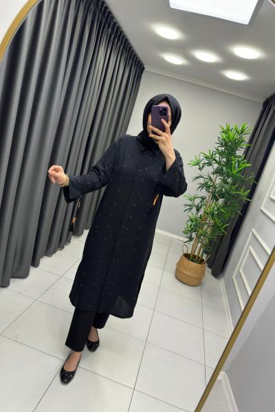 Kollar Boncuk püskül Ham Keten Tunik Siyah