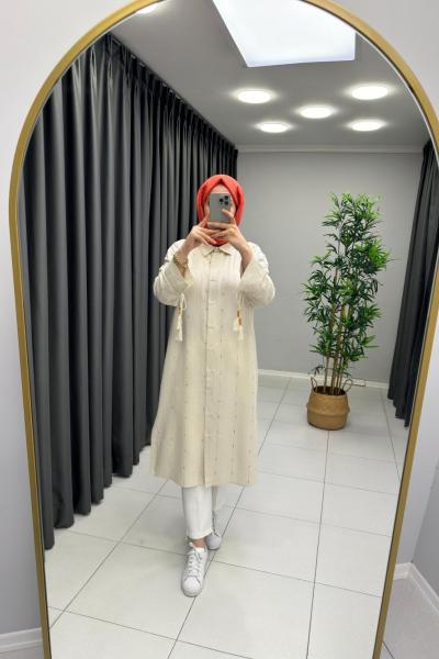 Kollar Boncuk püskül Ham Keten Tunik Krem