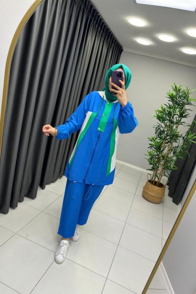 Garni Paraşüt Detay Pamuk Takım  Saks Mavisi