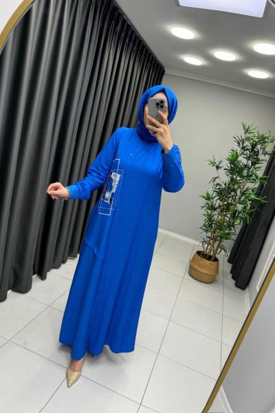 Çağla Çilek Kumaş Elbise Saks Mavisi