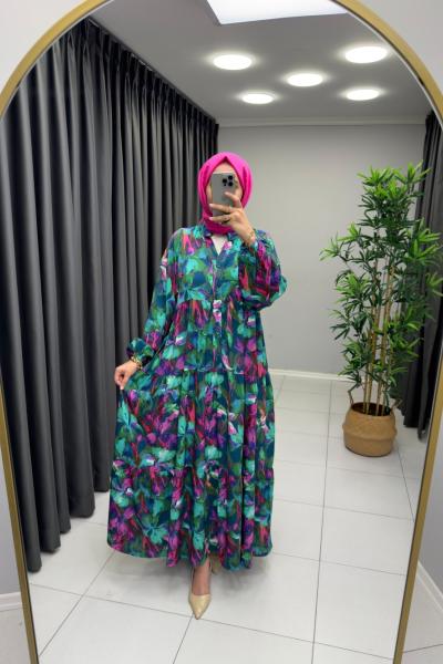 Ebru Desen Pamuk Viskon Elbise Su Yeşili