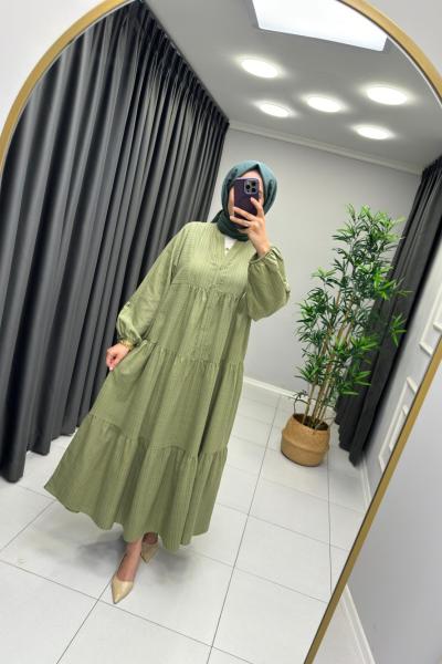 KAREKO  Keten Elbise  Haki