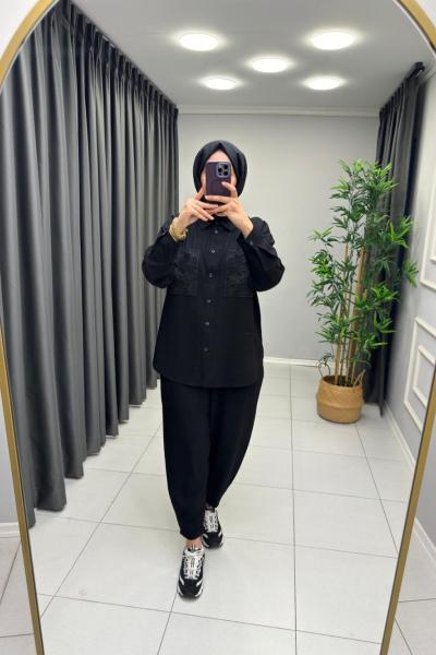 Sofya Gömlekli Cep Detaylı  Takım Siyah