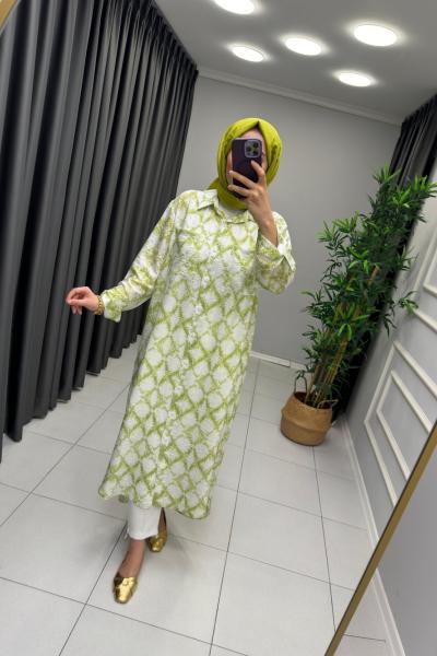 Etnik Desen Puane Gömlek  Yeşil