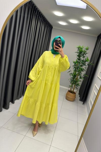 Melike %100 Pamuk Keten Elbise Yağ Yeşili