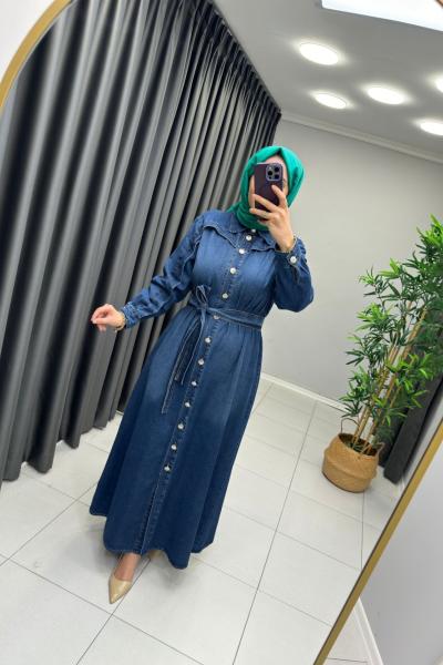 Nervür Detaylı Kot Elbise Lacivert