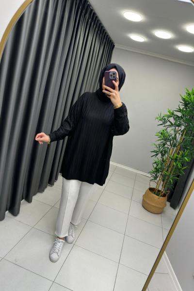 Soğuk İp Merserize Cizgili Tunik Siyah