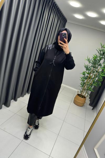 Triko ve Deri Detaylı Puane Kap Siyah