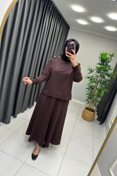 Elena düğmeli spor etekli takım  Kahverengi