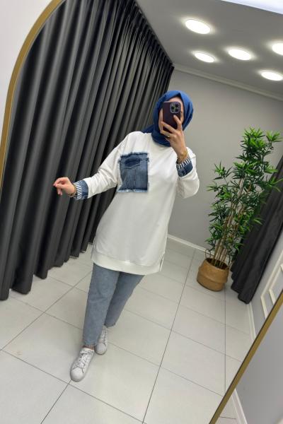 Kot Detaylı Puane Sweat  Beyaz