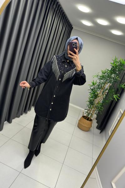 Taş ve Zincir Detaylı Kot Gömlek Siyah
