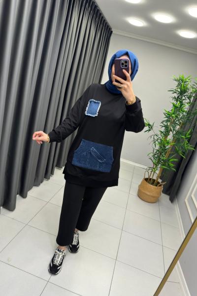 Kanguru Cep Detaylı Puane Sweat  Siyah