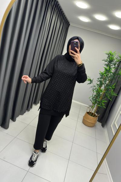 Parıltılı Puane Sweat Siyah