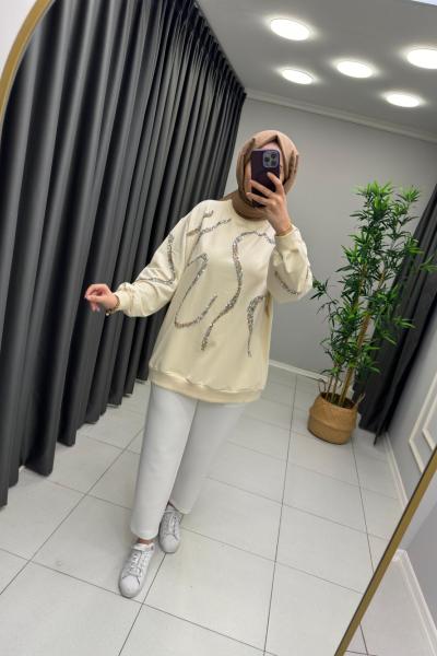 Pul Payet Detaylı Sweat Krem