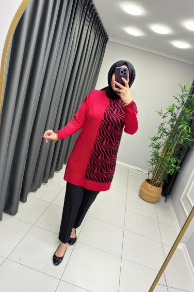 Zebra Sakal Detaylı Merserize Tunik Kırmızı