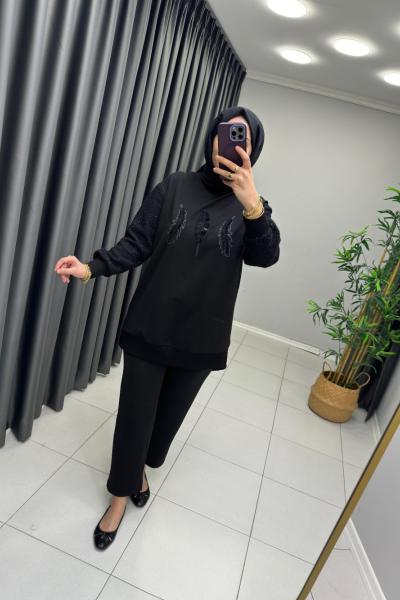 KUŞ TÜYÜ DETAYLI TÜVİT SWEAT  Siyah