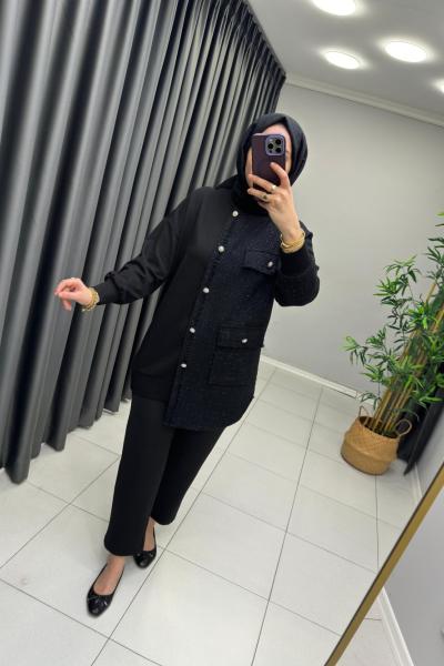 Tüvit Kumaş Detaylı Sweat Siyah