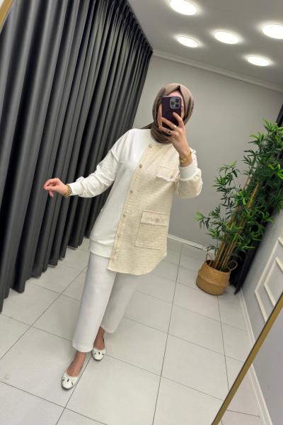 Tüvit Kumaş Detaylı Sweat Beyaz