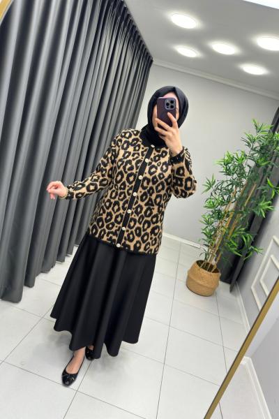 Leopar Desen Hırka Camel