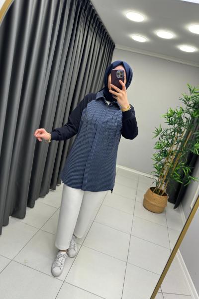 Gömlek Detaylı Puane Sweat  Lacivert