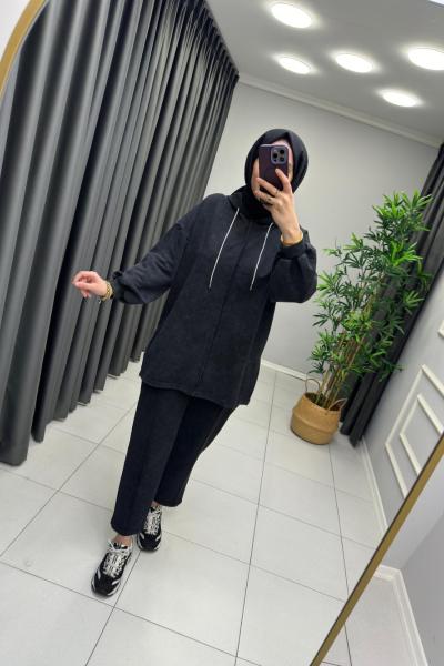 Batik Desen Fermuar Detaylı Takım Siyah