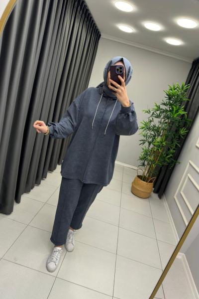 Batik Desen Fermuar Detaylı Takım Gri