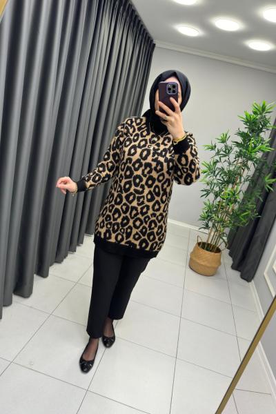 Leopar Desen Triko Tunik Siyah