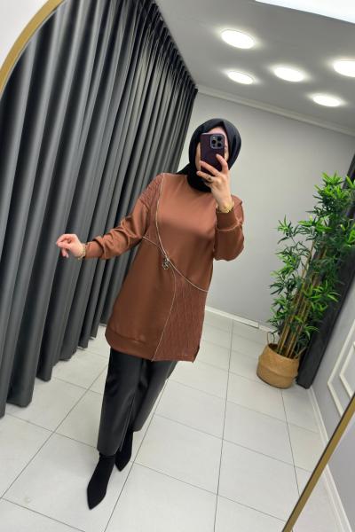 Fermuar Detaylı Scuba Tunik Kahverengi