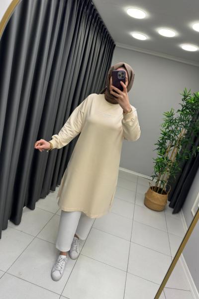 Ekru İki İp Pamuklu  Sweat Krem