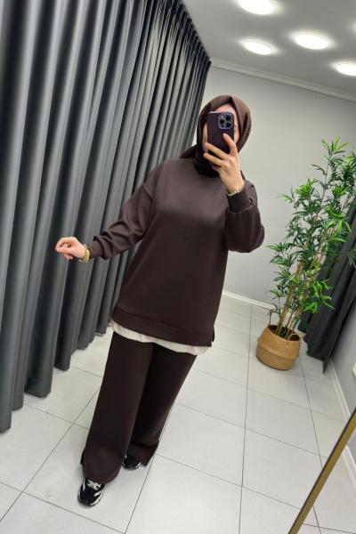 Gömlek Detaylı Modal Takım Acı Kahve