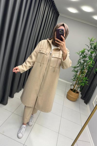 İkoll Fermuarlı Keçe Kaban  Bej