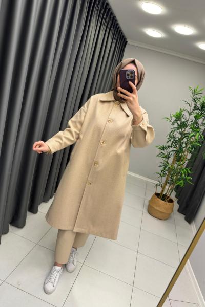 İkoll Düğmeli Keçe Kaban  Bej