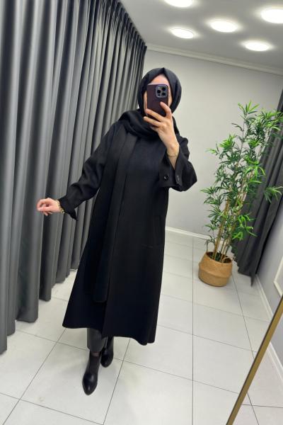 Atkı Detaylı Puane İnce Kaşe Kaban Siyah