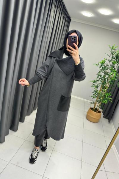 Asimetrik Detay Puane Kap  Gri