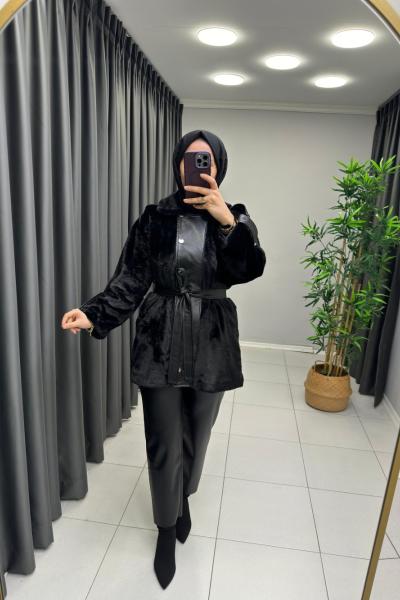 Deri Detaylı Peluş Ceket  Siyah