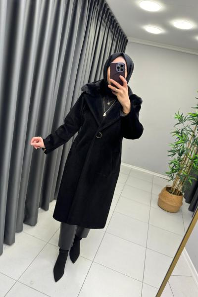 Kürk Detaylı Angora Kaban  Siyah