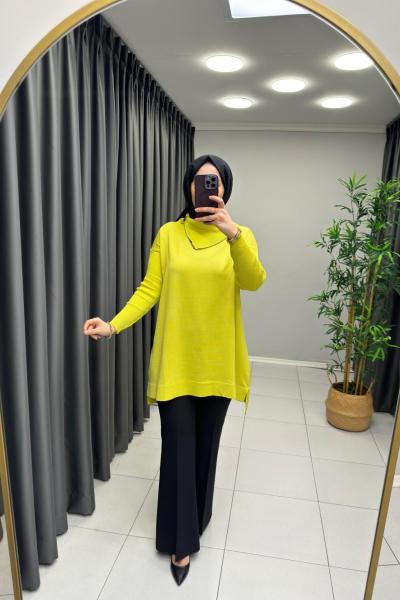 Boynu Fermuar Detaylı Merserize Tunik  Yağ Yeşili